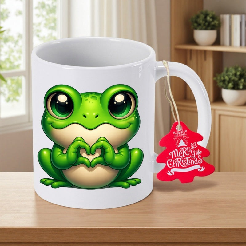 Tailorly White Ceramic 11 oz Mug - Merry Christmas Cute Green Character With Large Eyes Making Heart Shape Hands Frog