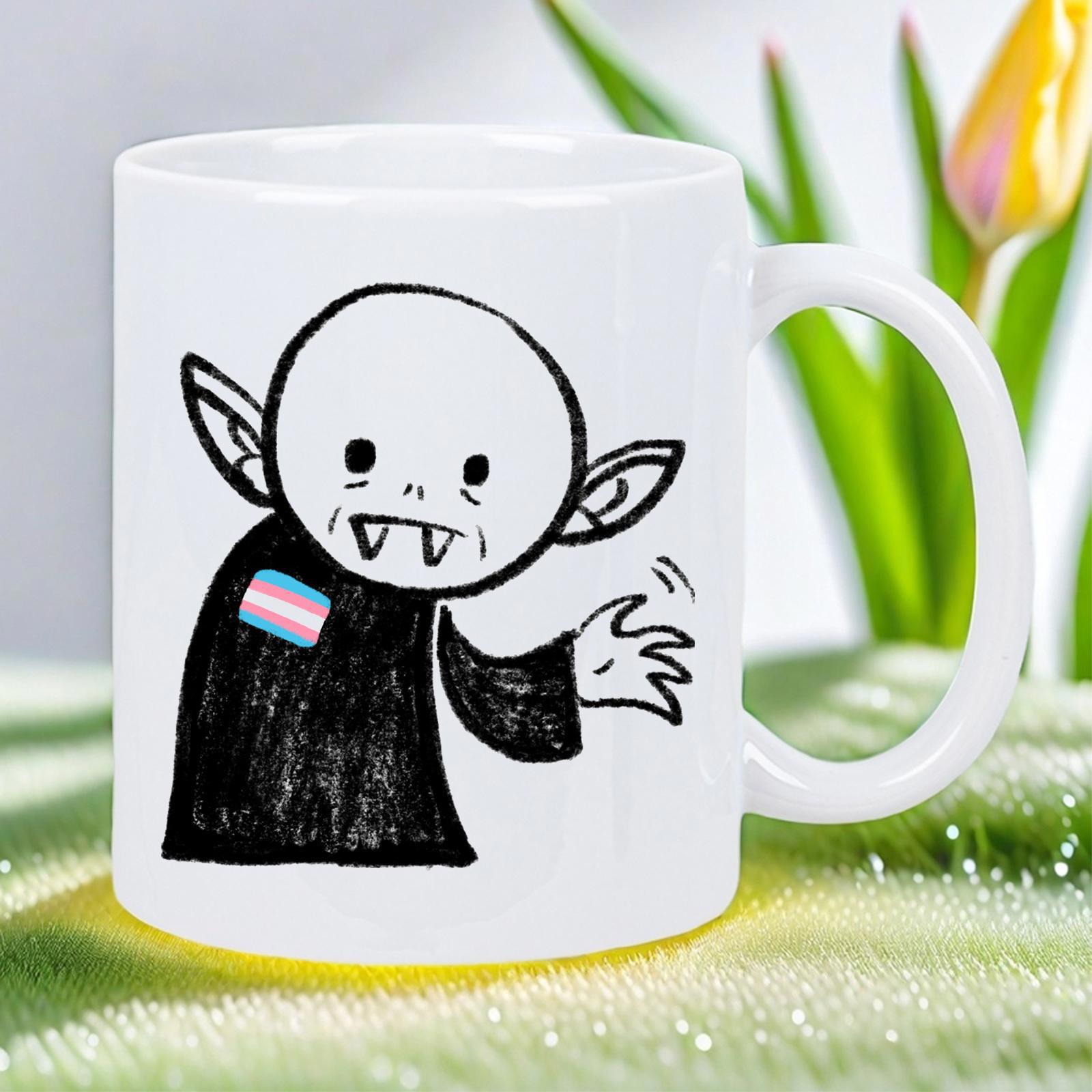Tailorly White Ceramic 11 oz Mug - Cute Hand Drawn Minimalist Cartoon With Pointed Ears And Cloak Vampire