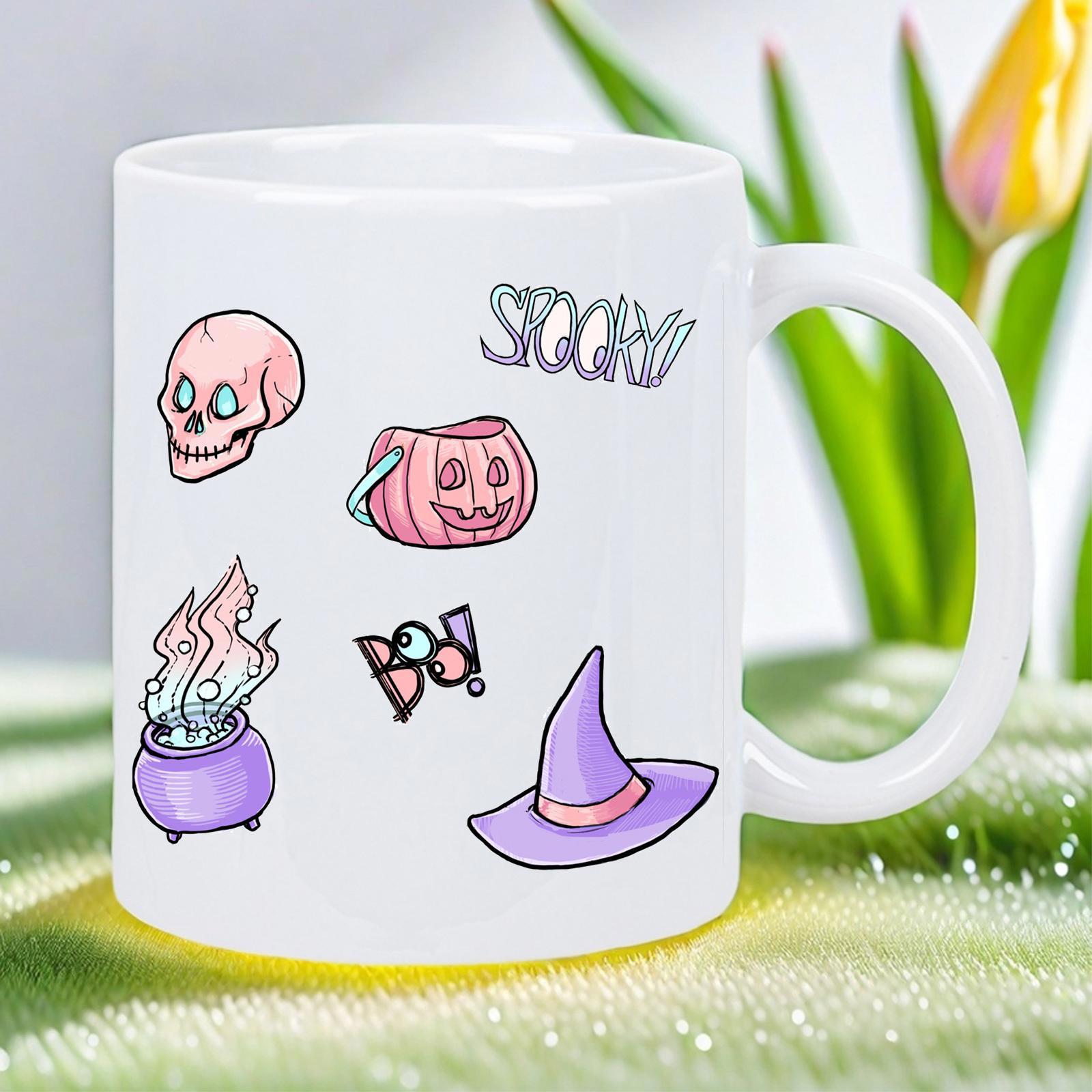 Tailorly White Ceramic 11 oz Mug - Spooky Boo Pastel Colored Hand Drawn Whimsical Halloween Graphics Featuring A Jack O Lantern Pumpkin