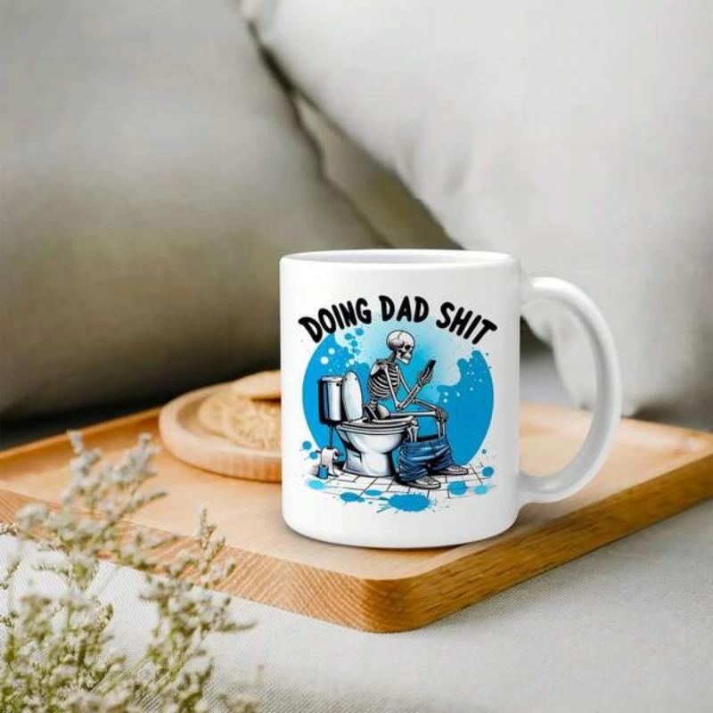 Tailorly White Ceramic 11 oz Mug - Doing Dad Shit Funny Character Sitting On Porcelain Toilet Scrolling Through A Mobile Phone Skeleton