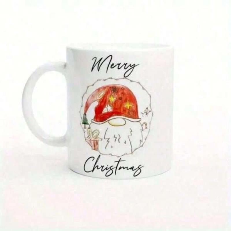 Tailorly White Ceramic 11 oz Mug - Merry Christmas Charming Watercolor Style Nordic Tomte Wearing A Bright Red Patterned Hat Gnome
