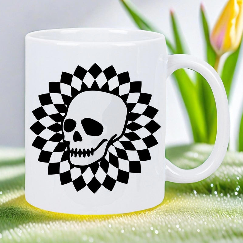 Tailorly White Ceramic 11 oz Mug - Stylized Human Skull With Intricate Checkered Diamond Pattern Sunburst Circular Background Skull