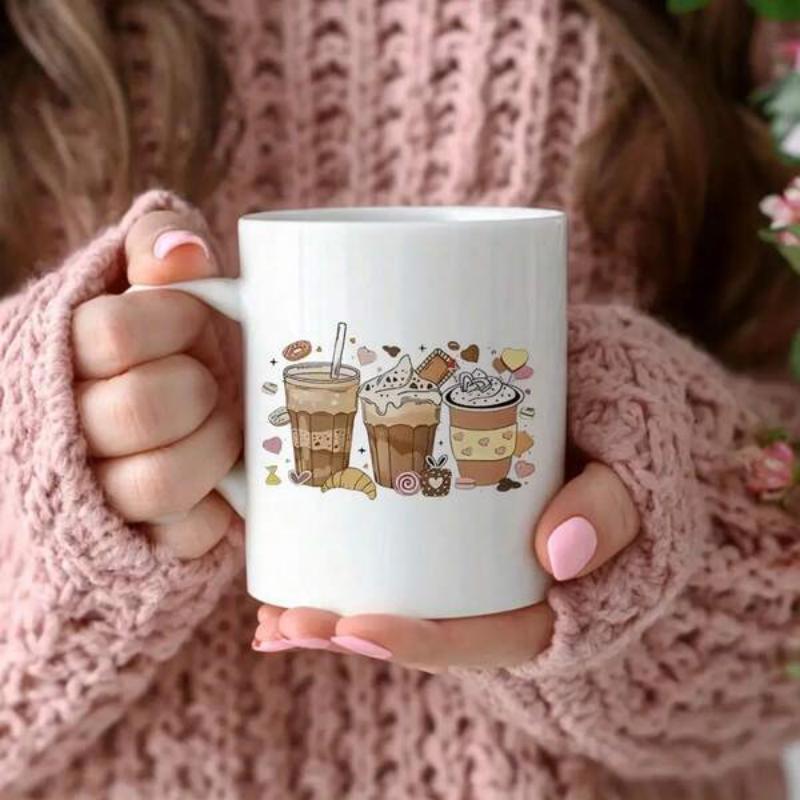 Tailorly White Ceramic 11 oz Mug - Three Different Delicious Iced And Hot Drinks With Whipped Cream Coffee