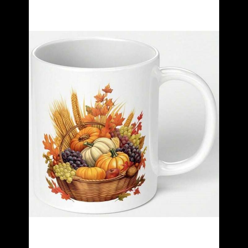 Tailorly White Ceramic 11 oz Mug - Rustic Wooden Basket Overflowing With Seasonal Autumn Grapes And Leaves Pumpkin