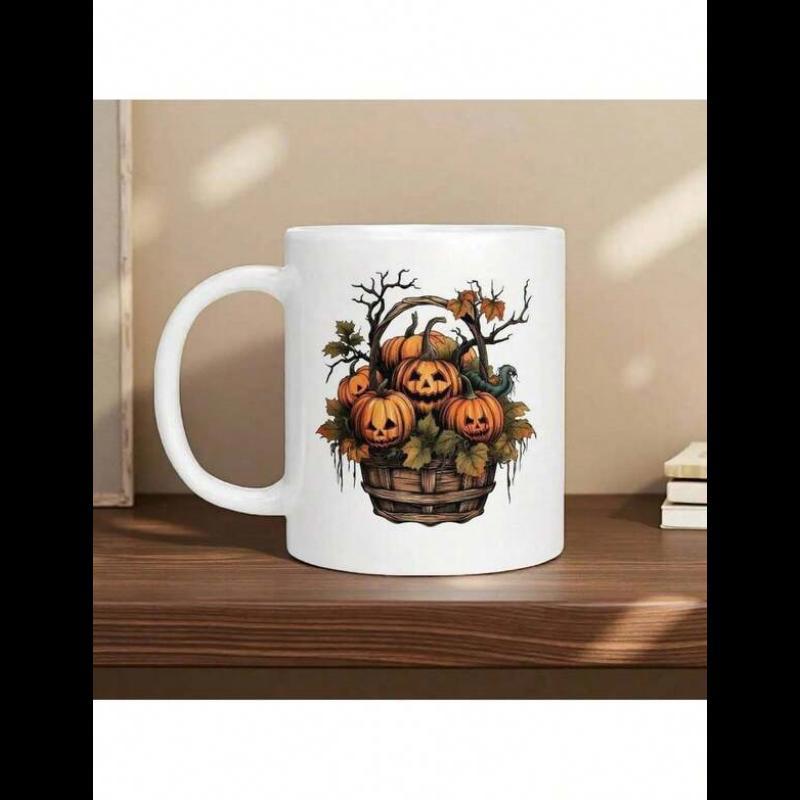 Tailorly White Ceramic 11 oz Mug - Rustic Wooden Basket Overflowing With Seasonal Carved Halloween Jack O Lanterns Pumpkin