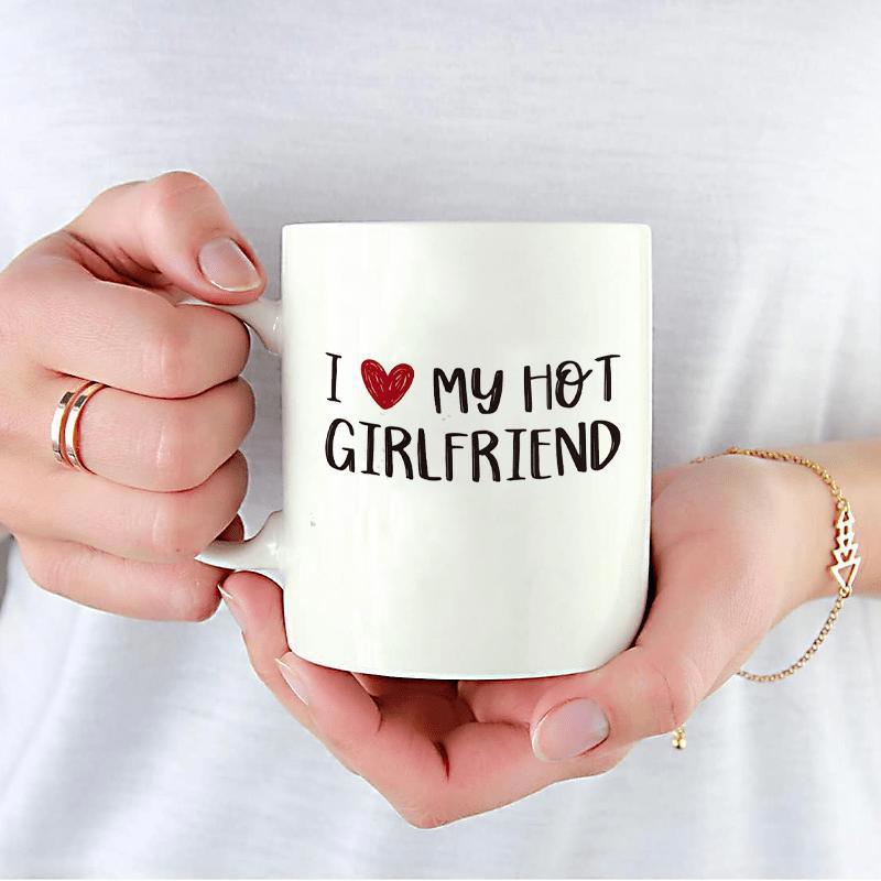 Tailorly White Ceramic 11 oz Mug - I My Hot Girlfriend Minimalist White Ceramic Cup Held Gently By Two Hands Featuring Heart Mug