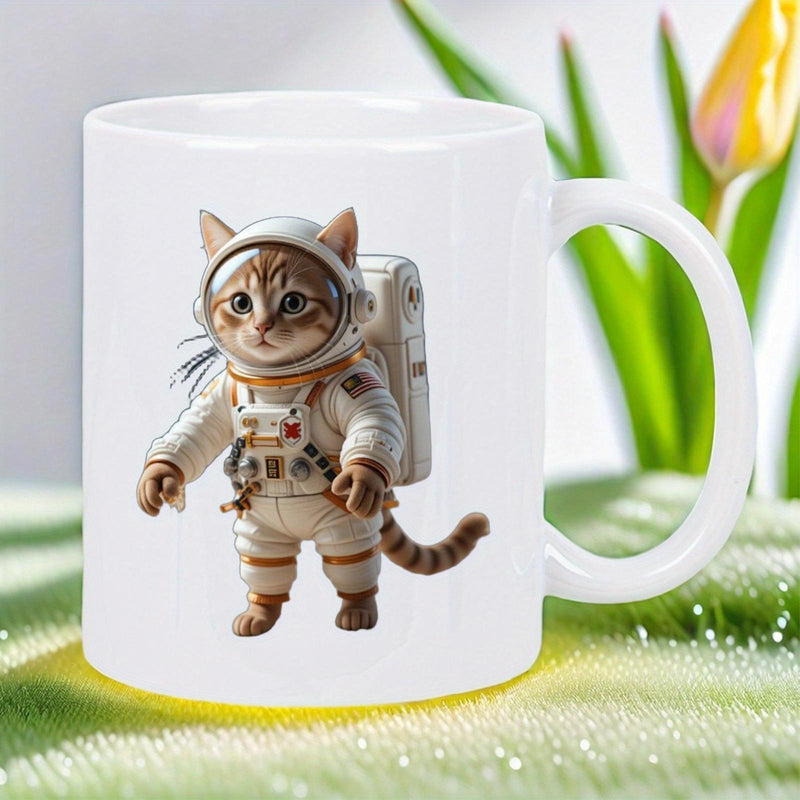 Tailorly White Ceramic 11 oz Mug - Detailed White Astronaut Suit Worn By A Brave Ginger Tabby Cat