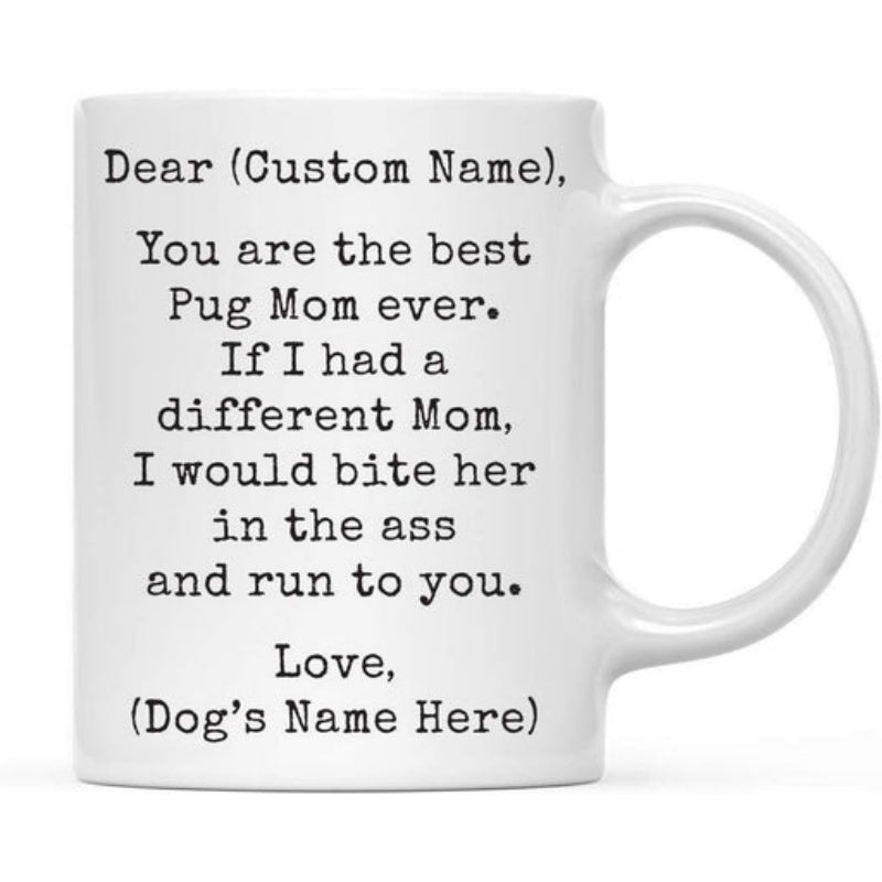 Tailorly White Ceramic 11 oz Mug - Dear Custom Name You Are The Best Pug Mom Ever Classic Typewriter Style Lettering Arranged On White Ceramic Background Mug