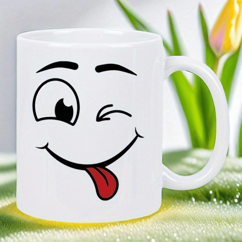 Tailorly White Ceramic 11 oz Mug - Winking Cartoon Expression Sticking Out Red Tongue On White Ceramic Face
