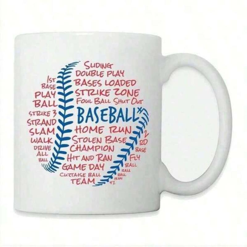 Tailorly White Ceramic 11 oz Mug - Baseball Artistic Word Cloud Pattern With Blue Stitches And Red Letters Baseball