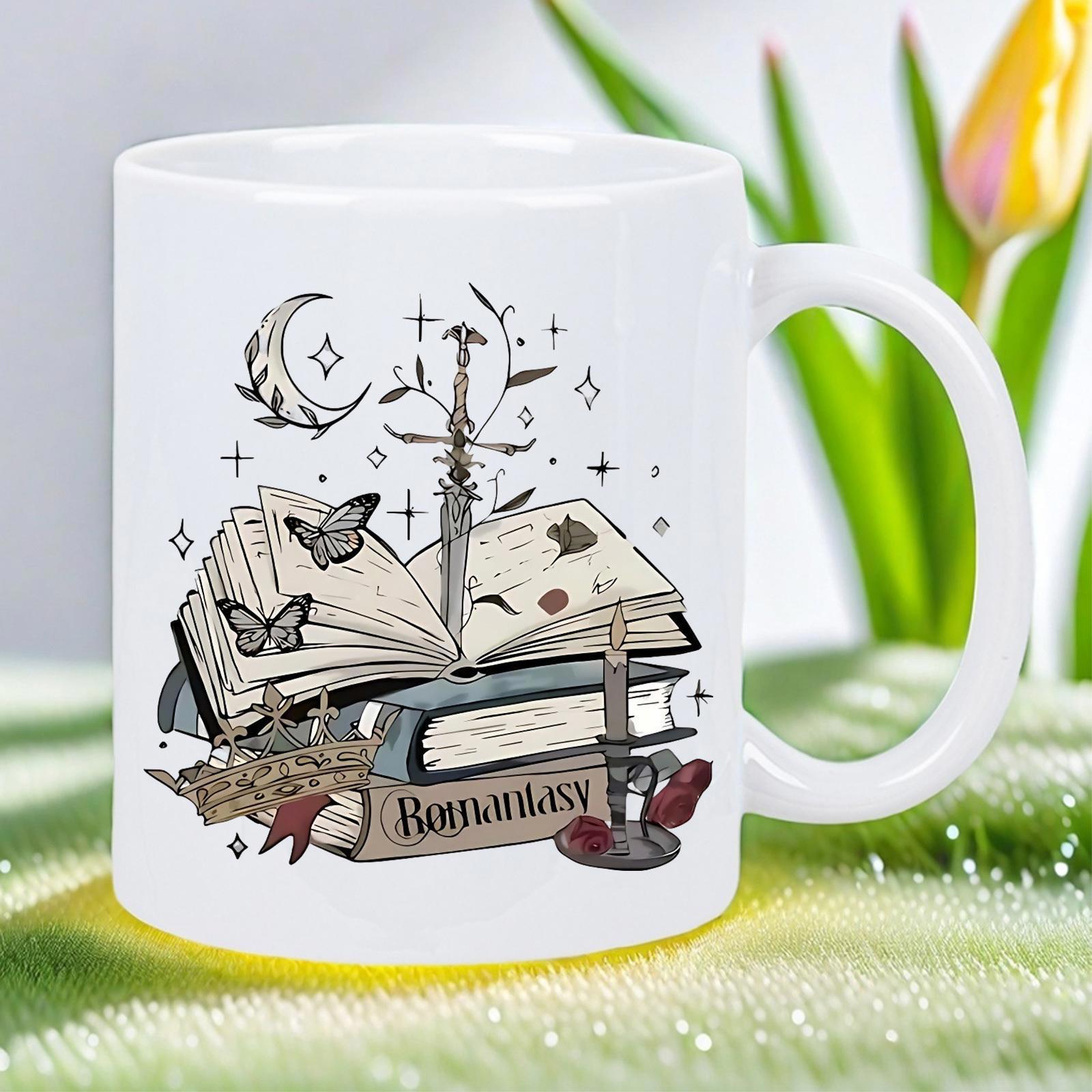 Tailorly White Ceramic 11 oz Mug - Romantasy Magical Stack Of Open Books With Sword And Moonlit Butterflies Books