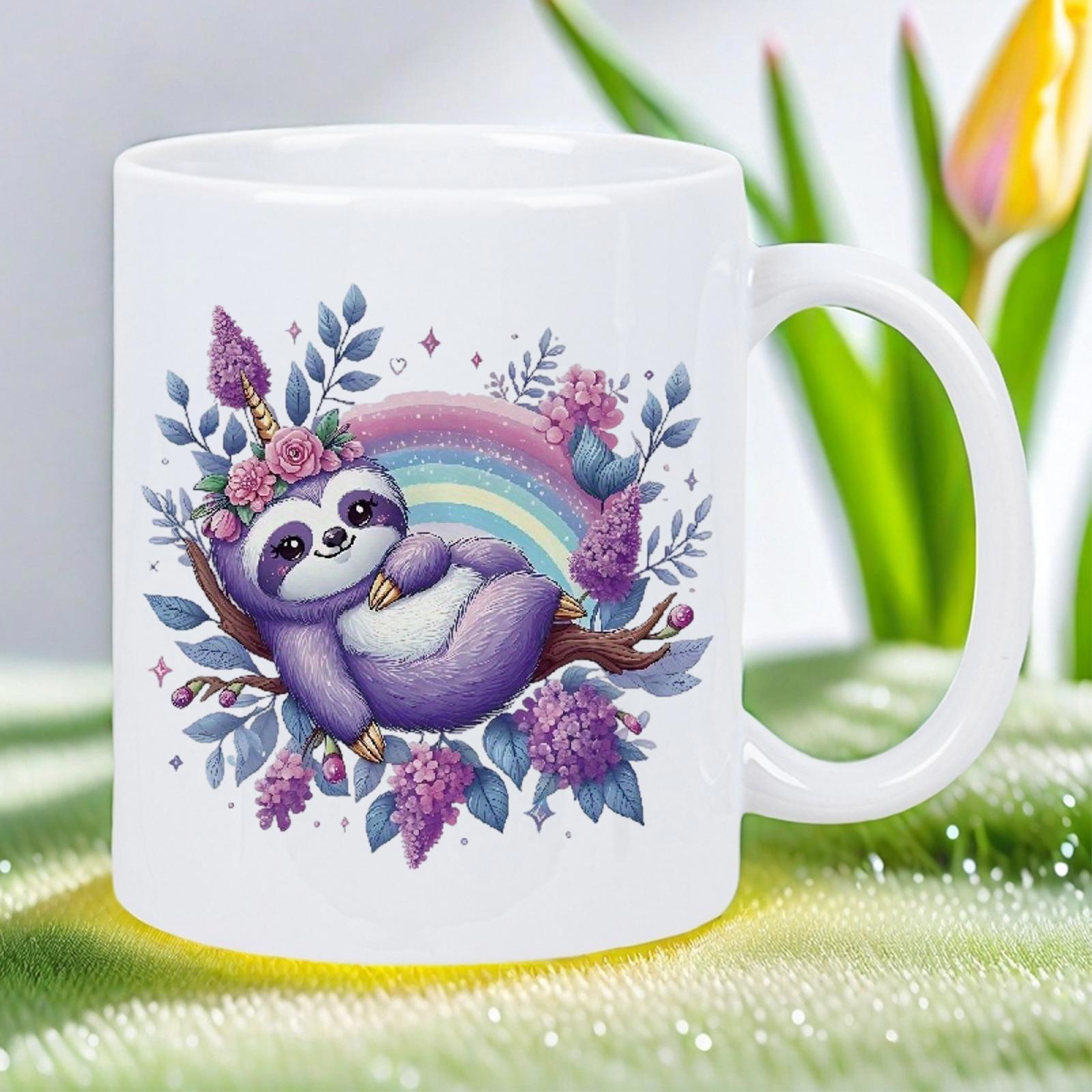 Tailorly White Ceramic 11 oz Mug - Adorable Purple Creature Resting On Branch Under Colorful Pastel Rainbow Sloth