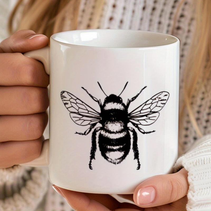 Tailorly White Ceramic 11 oz Mug - Vintage Style Hand Drawn Detailed Wings Hovering Wild Nature Garden Bee