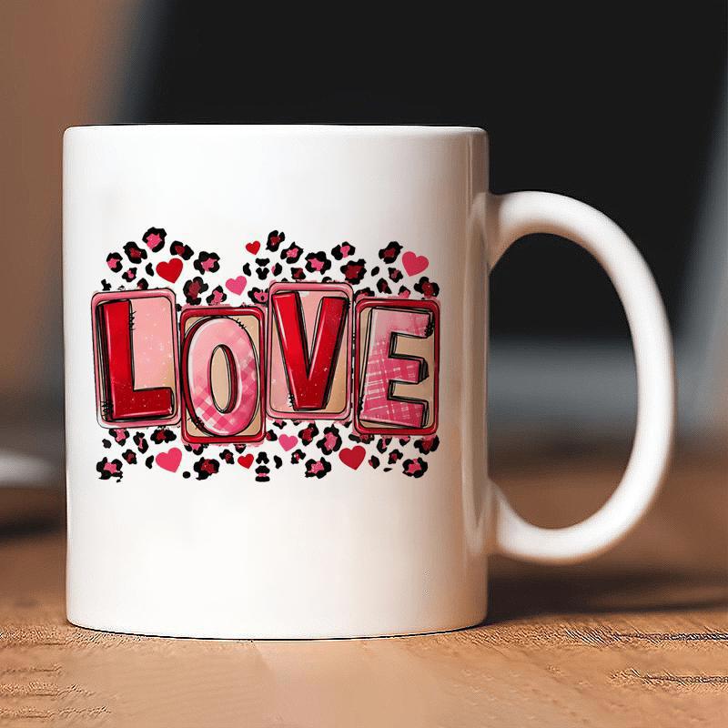Tailorly White Ceramic 11 oz Mug - Love Pink Leopard Print Pattern Among Hearts Surrounding Decorative Block Letters
