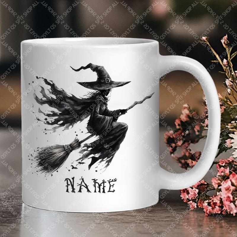 Tailorly White Ceramic 11 oz Mug - Name Flying Silhouette With Tattered Robes Gliding Through The Misty Night Witch