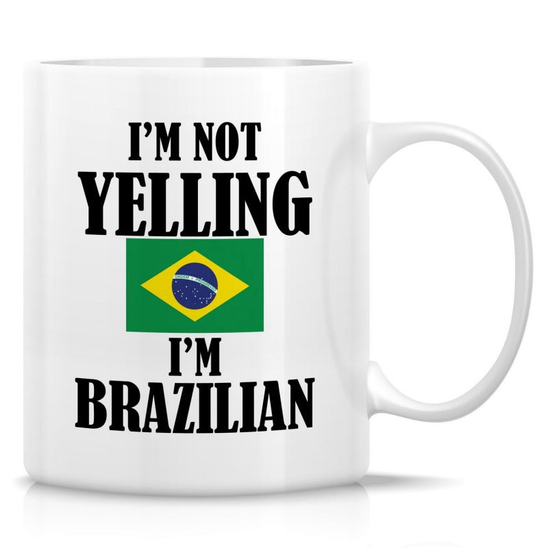 Tailorly White Ceramic 11 oz Mug - Im Not Yelling Im Brazilian Vibrant National Colors With Geometric Shapes And Symbolic Stars Brazil