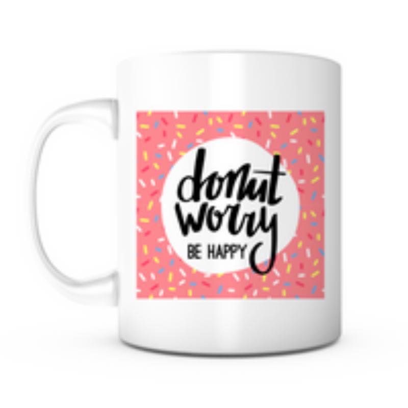 Tailorly White Ceramic 11 oz Mug - Donut Worry Be Happy Pink Background With Colorful Sprinkles Surrounding A Minimalist White Circle Donut