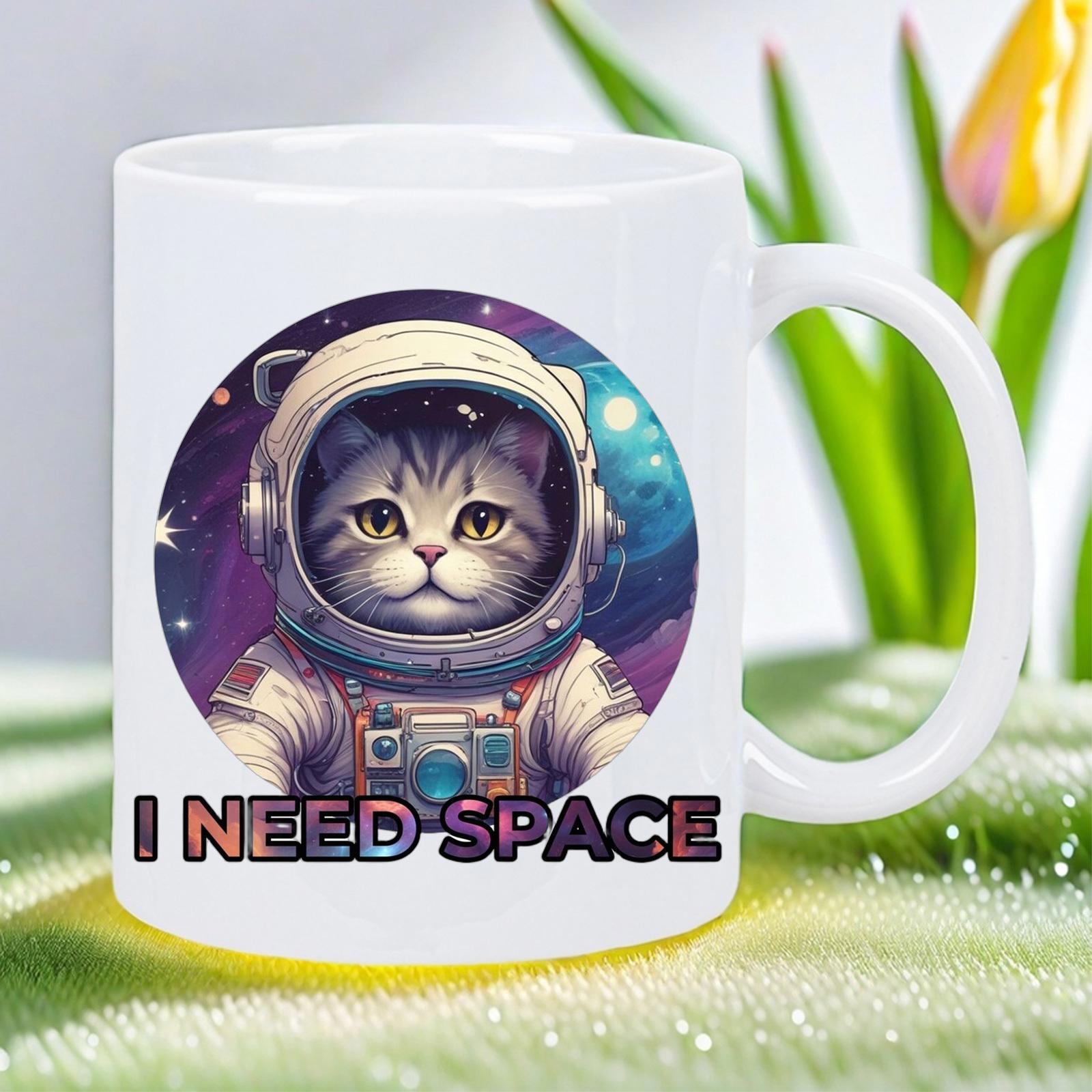 Tailorly White Ceramic 11 oz Mug - I Need Space Adorable Tabby Cat Wearing Detailed Astronaut Suit Inside Vibrant Nebula Circle Cat