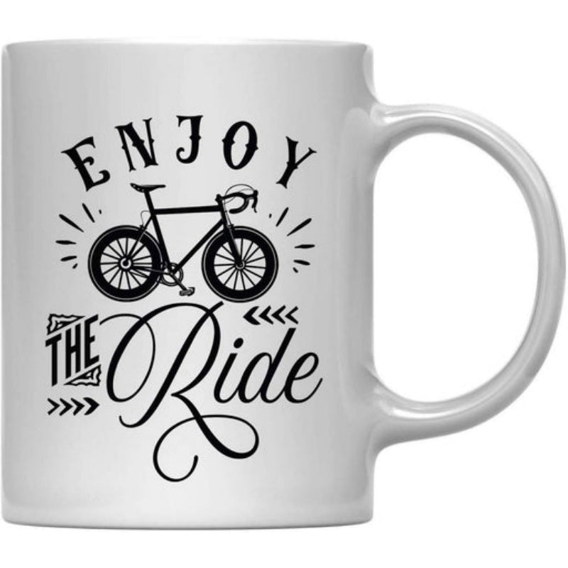 Tailorly White Ceramic 11 oz Mug - Enjoy The Ride Sleek Modern Road Bike Silhouette Featuring Dynamic Speed Lines And Elegant Script Bicycle