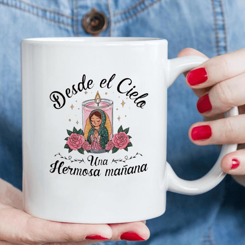 Tailorly White Ceramic 11 oz Mug - Stylized Sacred Religious Figure Inside Candle Surrounded By Pink Roses Under Stars Virgin