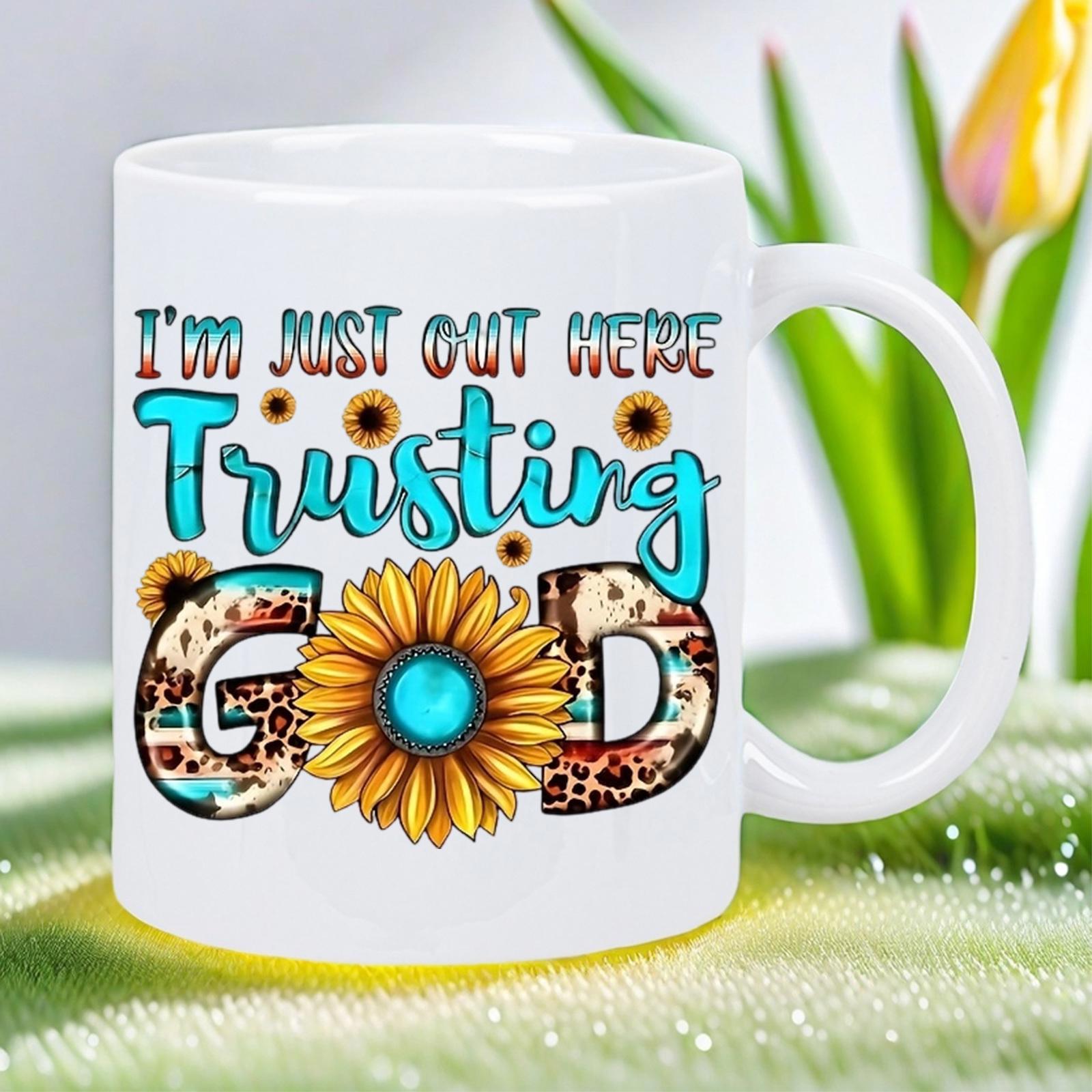 Tailorly White Ceramic 11 oz Mug - Im Just Out Here Trusting God Vibrant Yellow Petals With Leopard Texture Fills And Tiny Golden Sunflowers Sunflower
