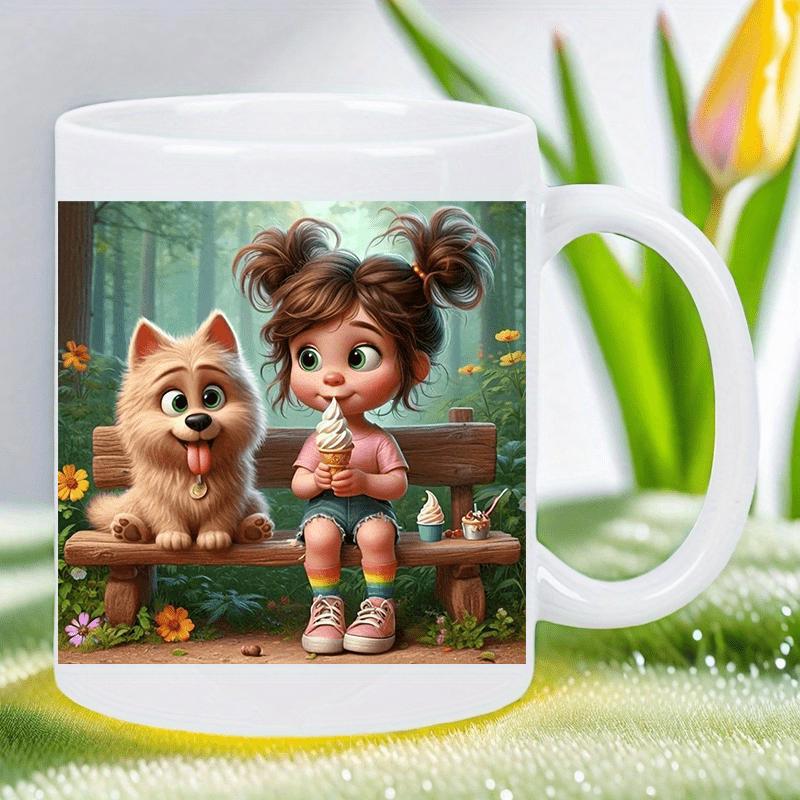Tailorly White Ceramic 11 oz Mug - Adorable Little Girl Eating Sweet Ice Cream Beside A Fluffy Dog Girl