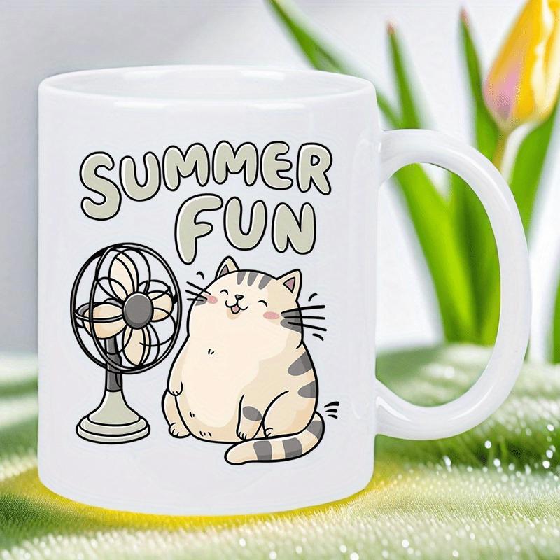 Tailorly White Ceramic 11 oz Mug - Summer Fun Adorable Chubby Tabby Cat Resting Near A Vintage Electric Cooling Fan Cat