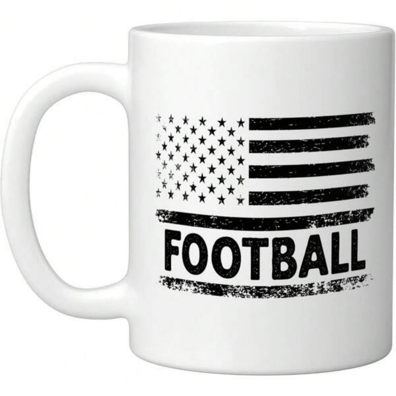 Tailorly White Ceramic 11 oz Mug - Football Distressed American Flag Silhouette With Bold Black Stars And Grunge Stripes Flag