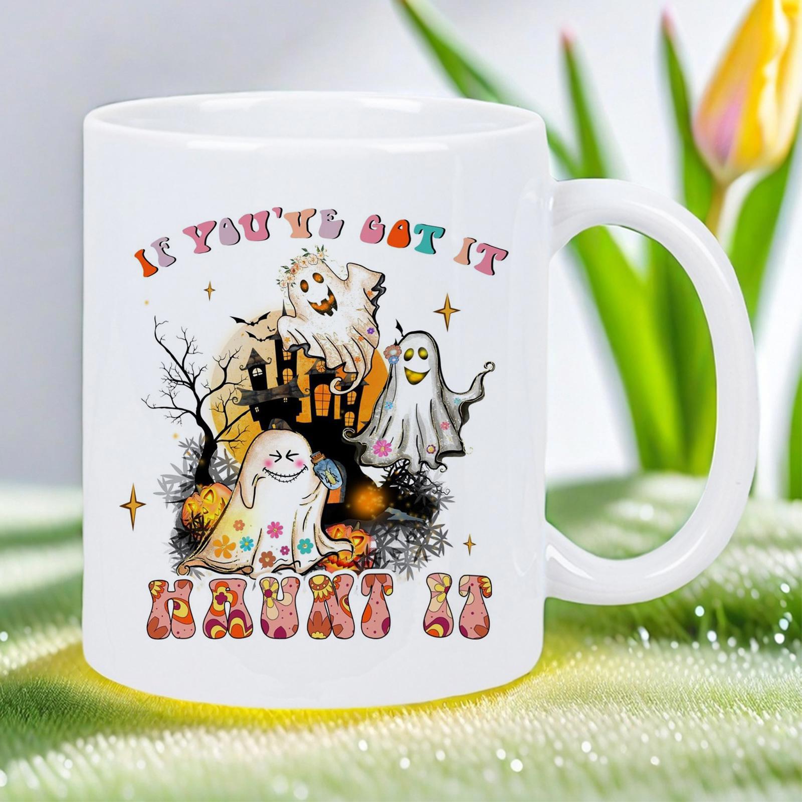 Tailorly White Ceramic 11 oz Mug - If Youve Got It Haunt It Playful Cartoon Ghosts Among Haunted Castle And Pumpkins In Retro Style Ghost
