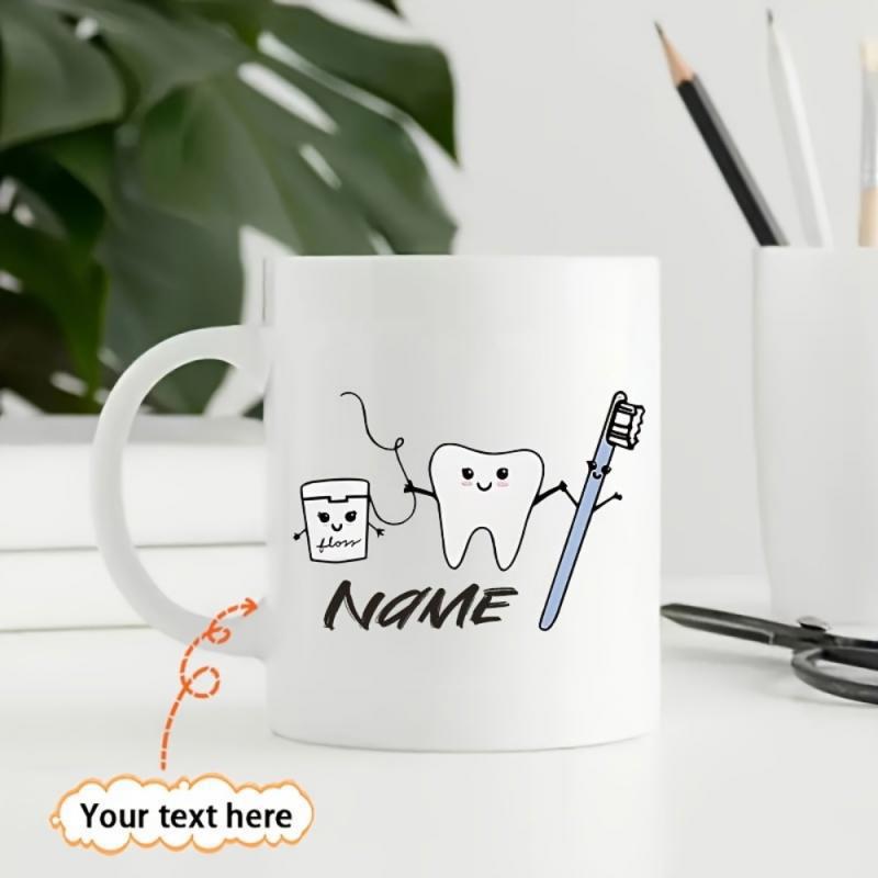Tailorly White Ceramic 11 oz Mug - Name Floss Cute Smiling Cartoon Characters Holding Dental Floss And Toothbrush Tooth