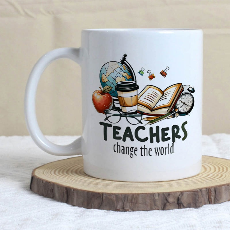 Tailorly White Ceramic 11 oz Mug - Teachers Change The World Educational Elements With Globe Apple Coffee Cup And Open Book Mug