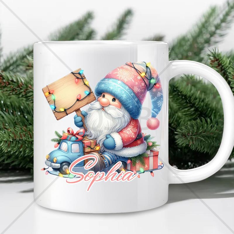 Tailorly White Ceramic 11 oz Mug - Sophia Festive Holiday Scene Featuring Christmas Gnome Holding Sign And Blue Car Gnome