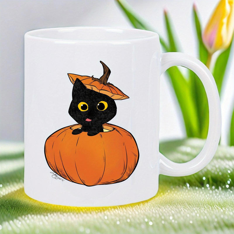 Tailorly White Ceramic 11 oz Mug - Adorable Black Kitten Peeking From Inside A Vibrant Orange Autumn Pumpkin Cat