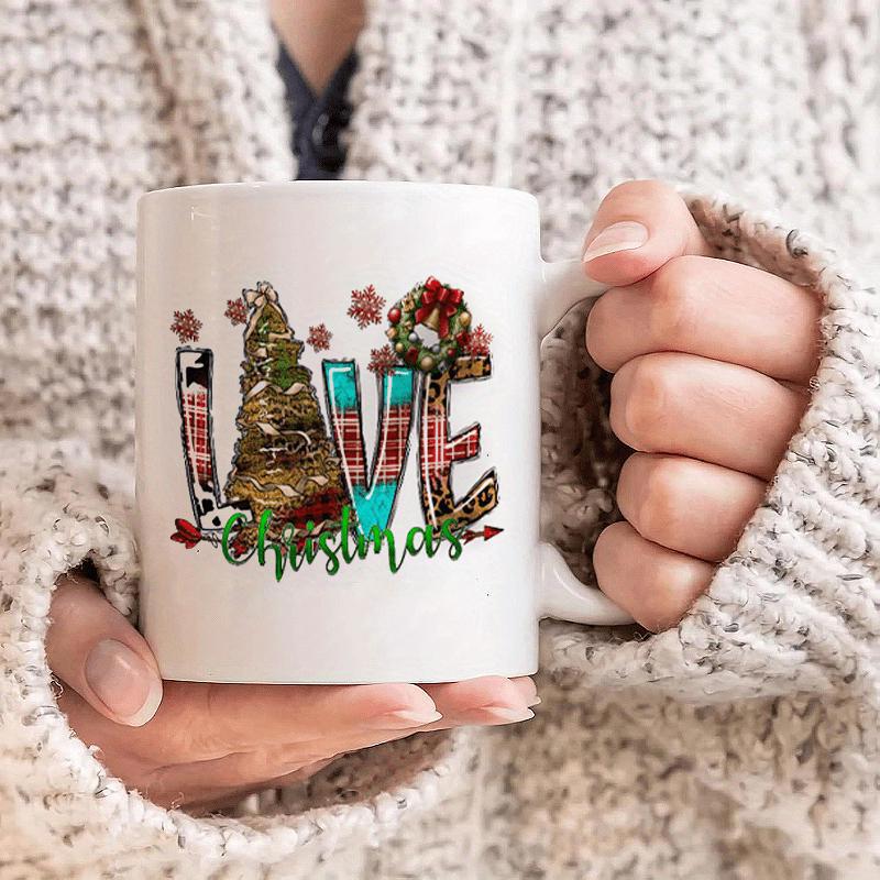 Tailorly White Ceramic 11 oz Mug - Love Christmas Festive Holiday Pattern With Evergreen Tree And Snowflakes Mug