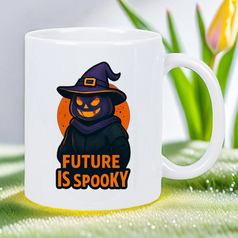 Tailorly White Ceramic 11 oz Mug - Future Is Spooky Dark Mysterious Character Wearing A Witch Hat Before An Orange Moon Pumpkin