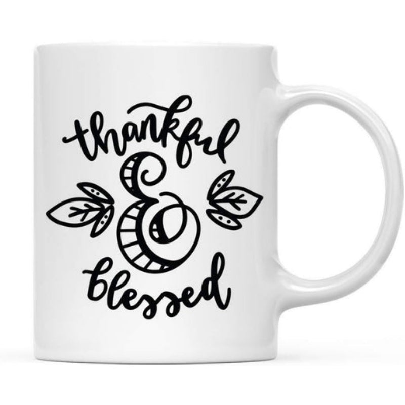 Tailorly White Ceramic 11 oz Mug - Thankful Blessed Featuring Elegant Black Hand Lettered Script With Leaves Mug