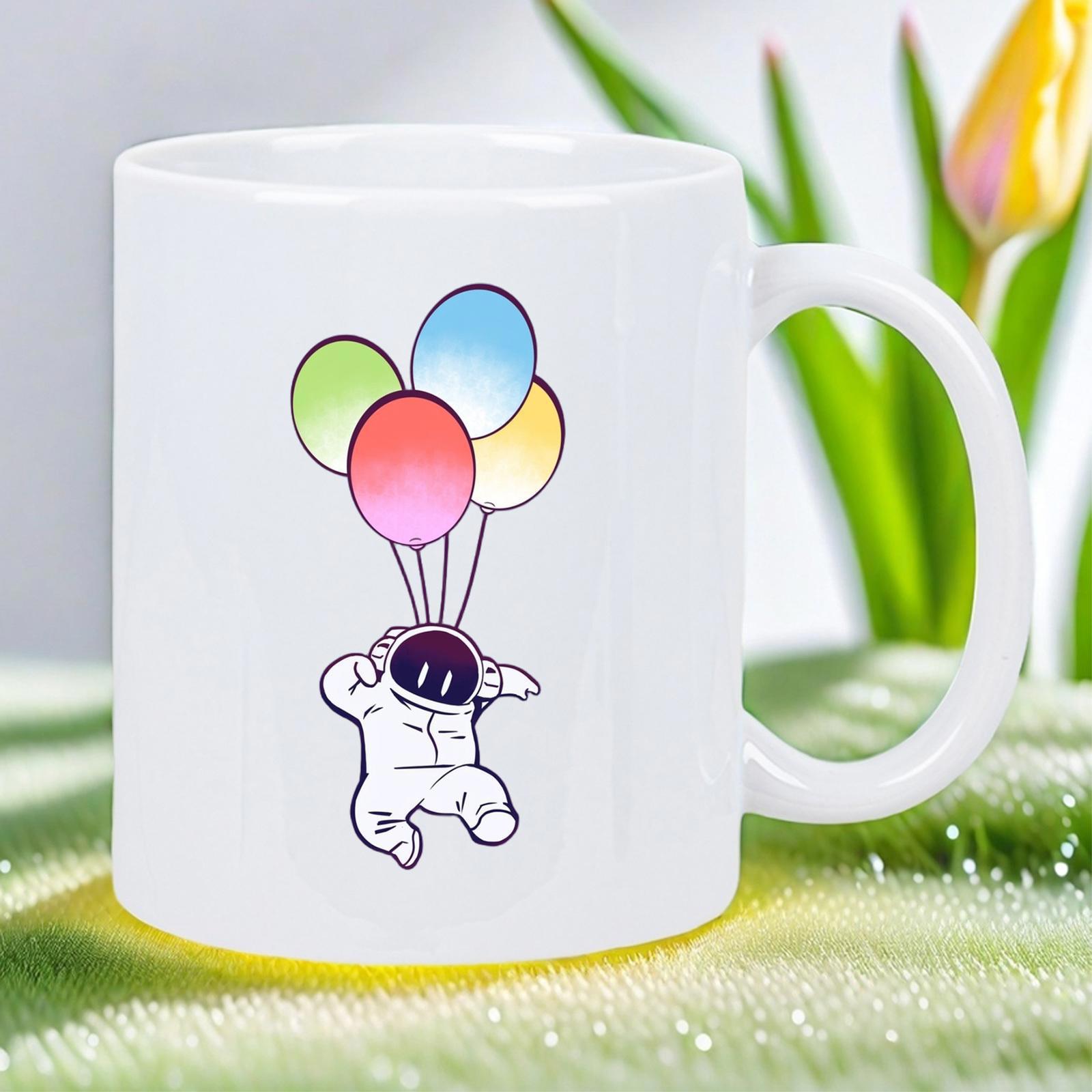 Tailorly White Ceramic 11 oz Mug - Tiny Spaceman Floating In Gravity Holding Vibrant Colorful Round Birthday Balloons Astronaut
