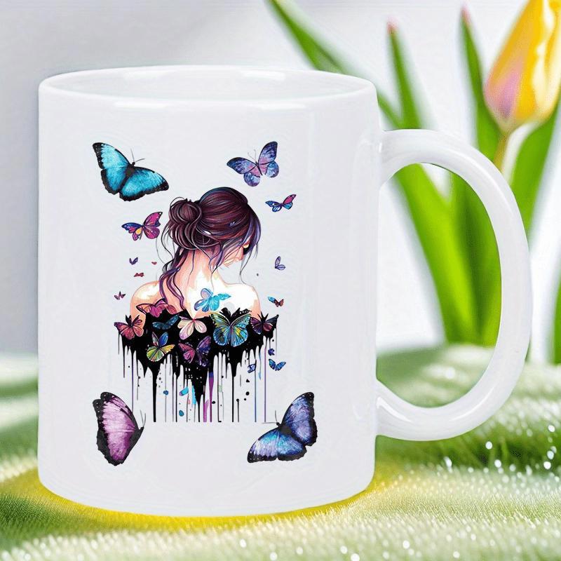 Tailorly White Ceramic 11 oz Mug - Graceful Artistic Girl Surrounded By Many Vibrant Fluttering Colorful Blue Butterflies Girl