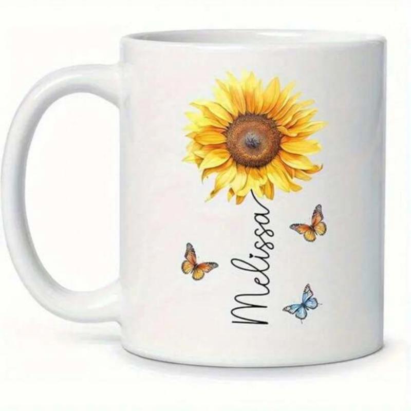 Tailorly White Ceramic 11 oz Mug - Melissa Blooming Yellow Petals With Delicate Butterflies Hovering Near A Hand Drawn Stem Sunflower