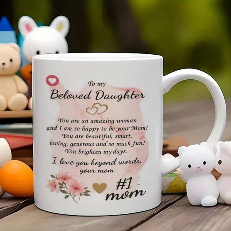 Tailorly White Ceramic 11 oz Mug - To My Beloved Daughter Number One Mom Pink Watercolor Background With Delicate Cherry Blossoms And Golden Heart Accents Mug
