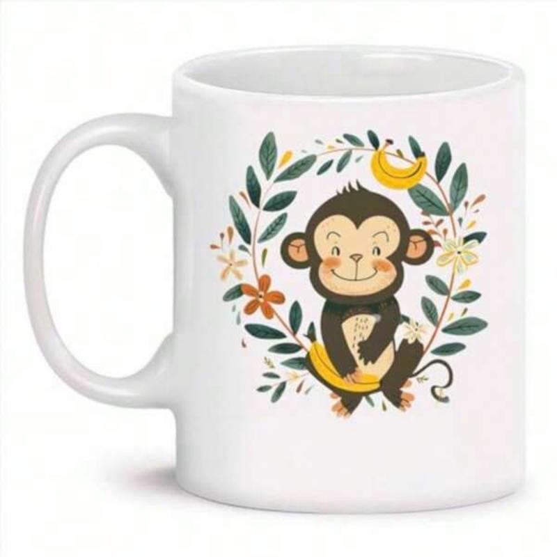 Tailorly White Ceramic 11 oz Mug - Adorable Cartoon Primate Sitting On Banana With Lush Jungle Leaves Monkey