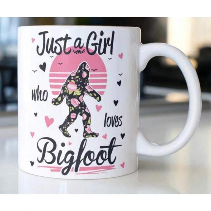 Tailorly White Ceramic 11 oz Mug - Just A Girl Who Loves Bigfoot Floral Patterned Silhouette Walking Past A Pink Sunset With Small Hearts Bigfoot