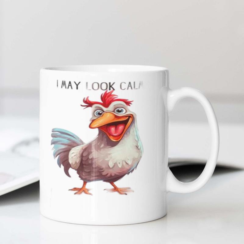 Tailorly White Ceramic 11 oz Mug - I May Look Calm Vibrant Watercolor Style Funny Crazy Farm Animal With Red Comb Rooster