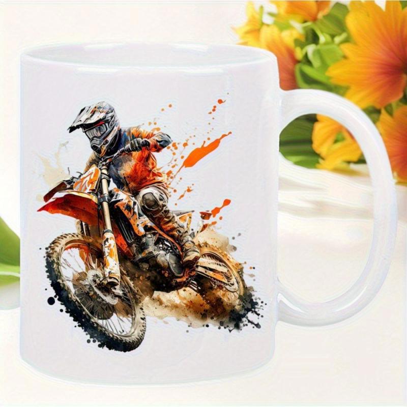 Tailorly White Ceramic 11 oz Mug - Dynamic Motocross Rider Splashing Through Abstract Mud And Bright Vibrant Ink Motorcycle