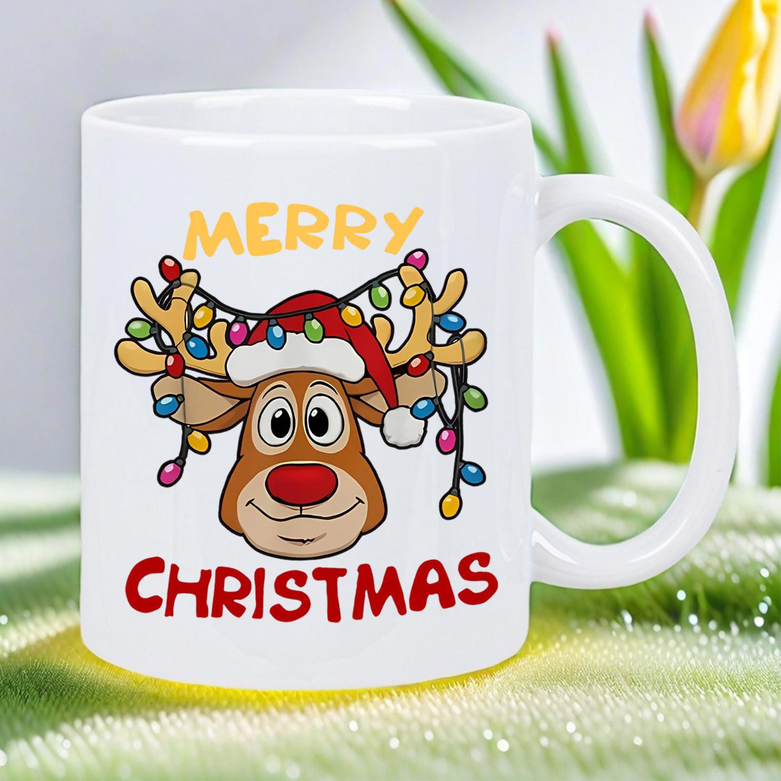 Tailorly White Ceramic 11 oz Mug - Merry Christmas Cartoon Reindeer Wearing Red Santa Hat Wrapped In Colorful Twinkling Lights Reindeer