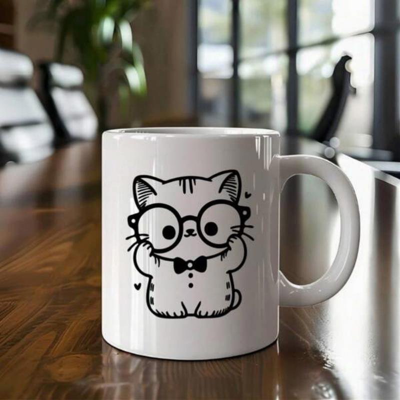 Tailorly White Ceramic 11 oz Mug - Minimalist Black Line Art Sketch Featuring A Cute Spectacled Bowtie Cat