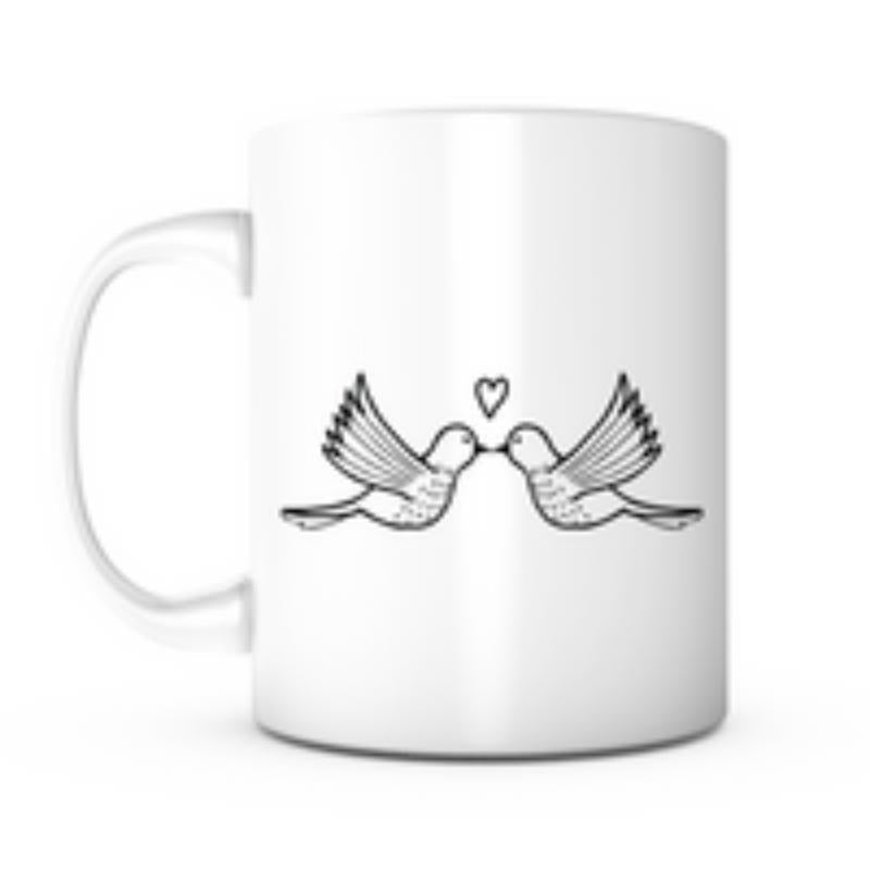 Tailorly White Ceramic 11 oz Mug - Minimalist Line Art Kissing Birds With A Small Heart Flying Together Bird
