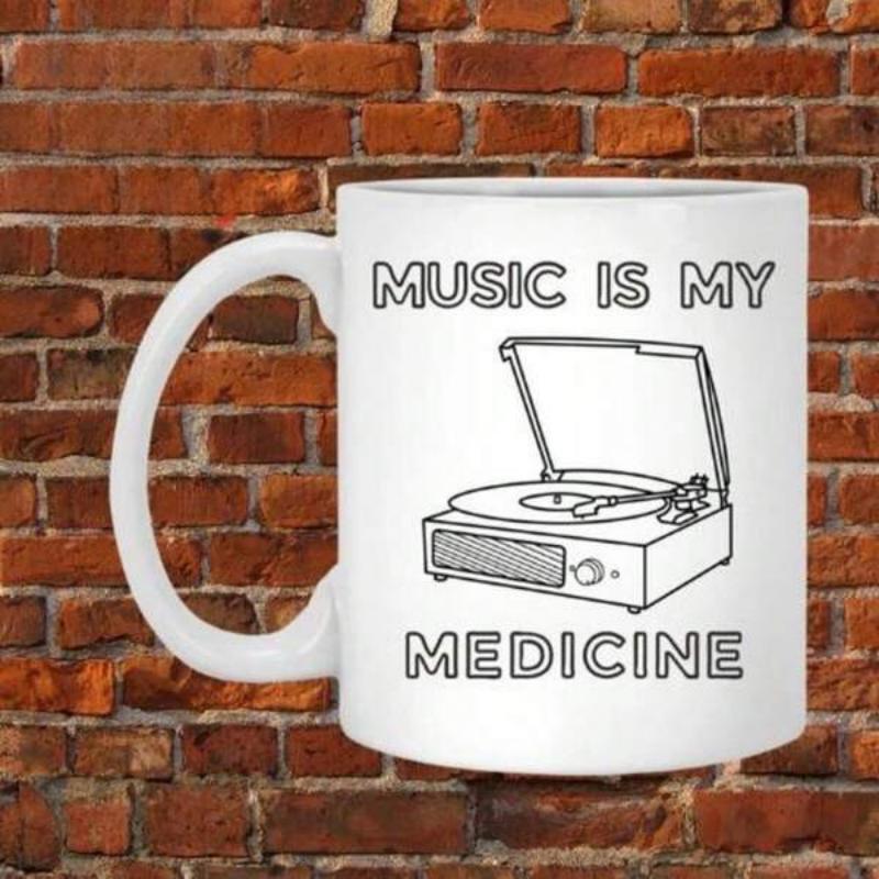 Tailorly White Ceramic 11 oz Mug - Music Is My Medicine Classic Vintage Record Player With Spinning Vinyl Disc And Stylus Detailed Turntable