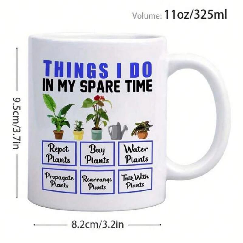 Tailorly White Ceramic 11 oz Mug - Things I Do In My Spare Time Lush Green Potted Indoor Houseplants With A Classic Watering Can Mug