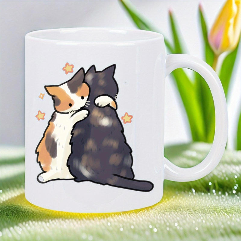 Tailorly White Ceramic 11 oz Mug - Sweet Calico And Dark Furry Felines Embracing Among Little Sparkling Stars Cats